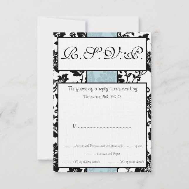 Black/Blue Floral Damask Wedding RSVP Card (Front)
