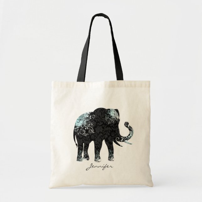 Black & Blue Floral Elephant Tote Bag (Front)