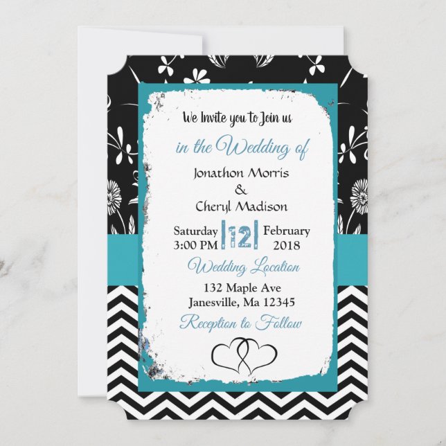 Black & Blue Floral Hearts Wedding Invitation (Front)