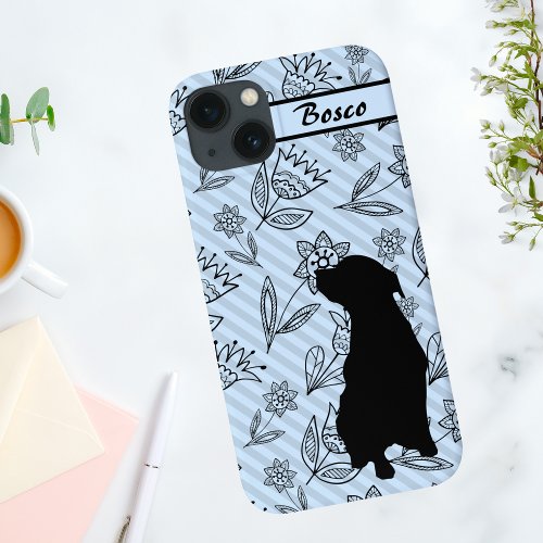 Black_Blue Flower Striped with Dog Silhouette     iPhone 13 Case