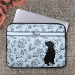 Black-Blue Flower Striped with Dog Silhouette  Laptop Sleeve<br><div class="desc">Black-Blue Flower Striped with Dog Silhouette Laptop case. Our favorite dog silhouette on a black drawn flower with faded stripes and blue background design. Easily edited with your dogs name. A great gift for anyone in your family of give this special gift to a friend.</div>