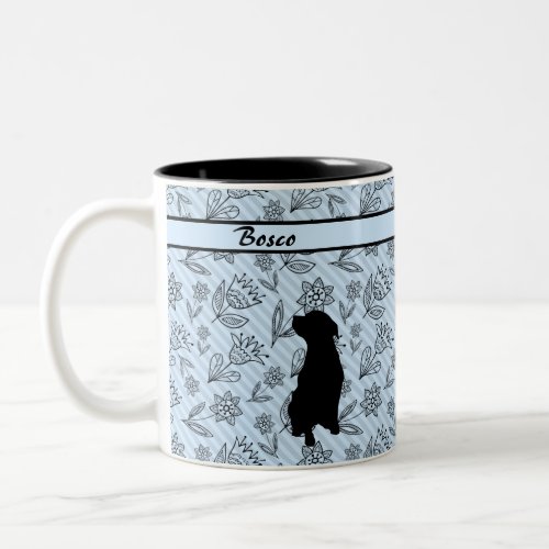 Black_Blue Flower Striped with Dog Silhouette  Two_Tone Coffee Mug