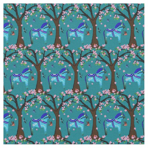 Black/blue Folk Dala horse/Folk birds/flowers Fabric