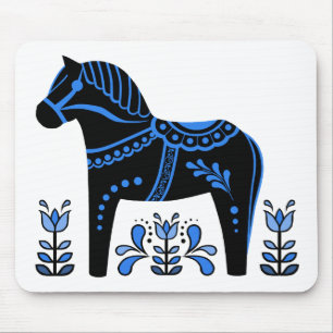 Black/blue Folk Dala horse/Folk Friesian Mouse Pad