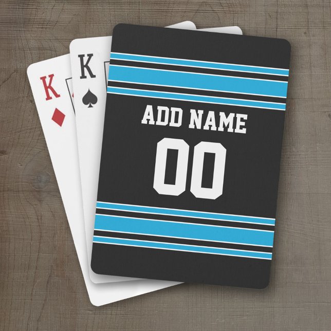Black Blue Football Jersey Custom Name Number Poker Cards (Personalized Playing Cards - Sporty Stripes)
