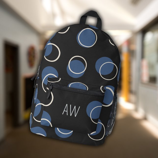 Black & Blue Geometric Circles Monogram Initials Printed Backpack (Creator Uploaded)