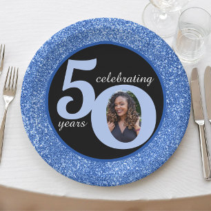 Black & Blue Glitter 50 Fifty Years 50th Birthday Paper Plates