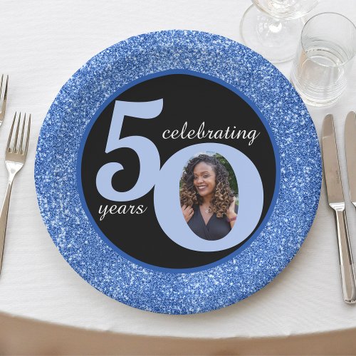 Black  Blue Glitter 50 Fifty Years 50th Birthday Paper Plates