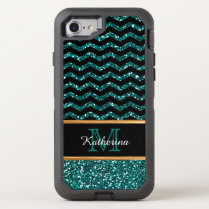 Black & Blue Glitter Chevron Personalized Defender OtterBox Defender iPhone SE/8/7 Case