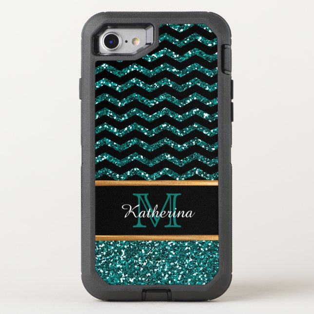 Black & Blue Glitter Chevron Personalized Defender Otterbox iPhone Case (Back)