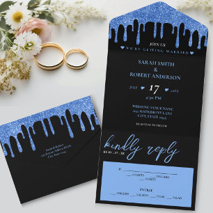 Black & Blue Glitter Drip Wedding All In One Invitation