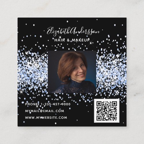 Black blue glitter profile photo qr code square business card