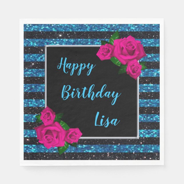 Black Blue Glitter Stripes Pink Roses Birthday Napkins (Front)