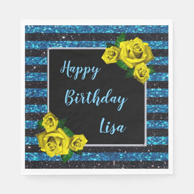 Black Blue Glitter Stripes Yellow Roses Birthday Napkins (Front)