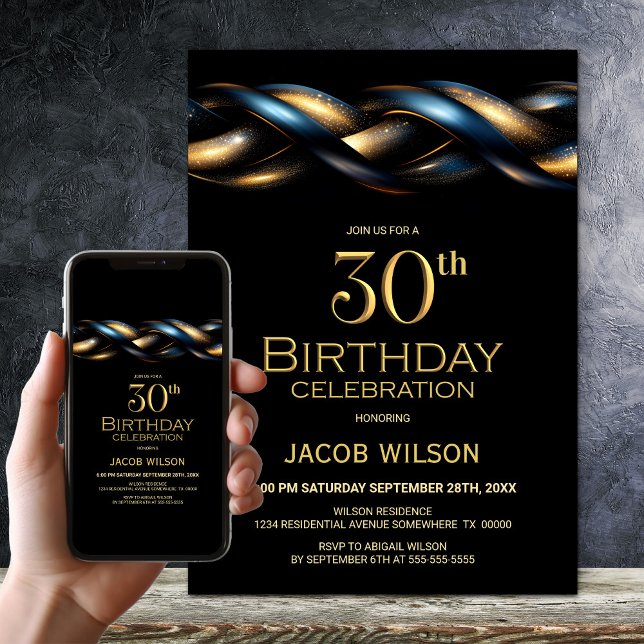 Black Blue Gold 30th Birthday Party Invitation (Creator Uploaded)