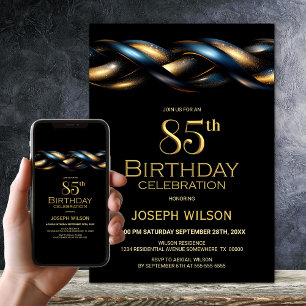 Black Blue Gold 85th Birthday Party Invitation