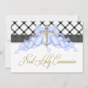 Black Blue Gold Cross Boys Blue First Communion Invitation