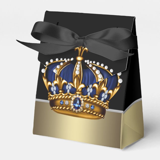 Black Blue Gold Crown Prince Baby Shower Favor Boxes (Front Side)