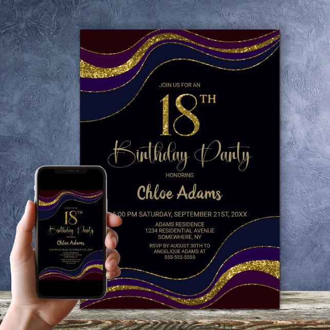 Black Blue Gold Glitter 18th Birthday Party Invitation (Creator Uploaded)