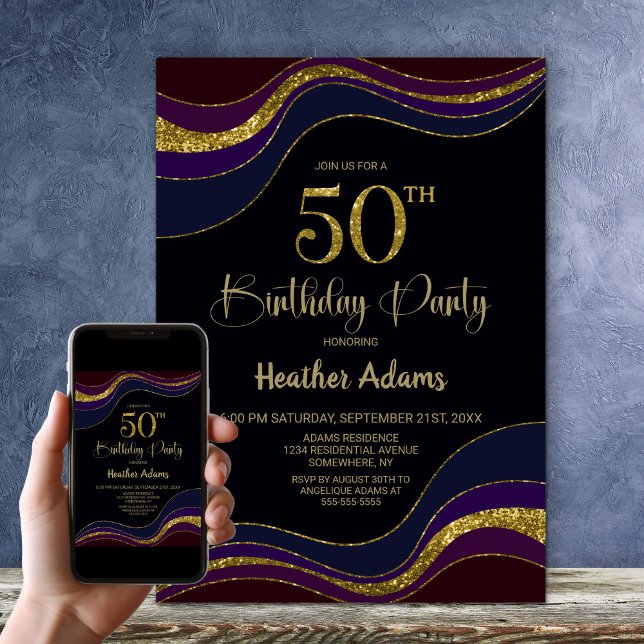 Black Blue Gold Glitter 50th Birthday Party Invitation (Creator Uploaded)