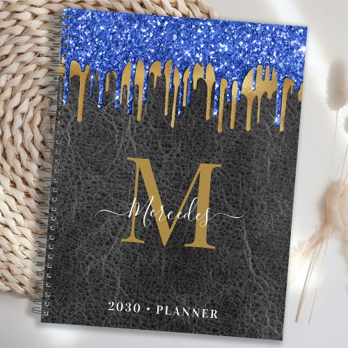 Black Blue Gold Glitter Drips Leather Monogram Planner