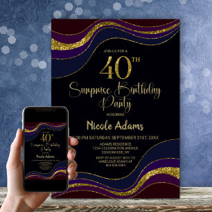 Black Blue Gold Glitter Surprise 40th Birthday Invitation