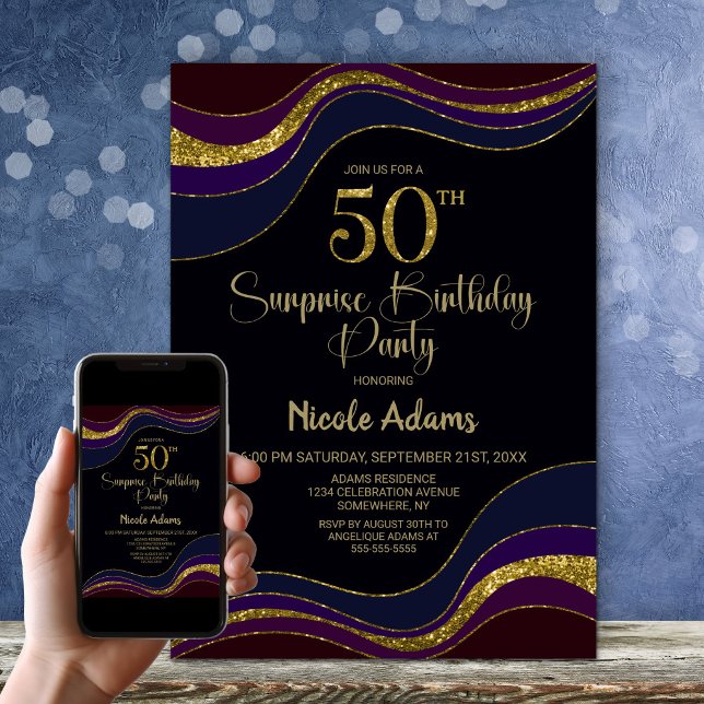 Black Blue Gold Glitter Surprise 50th Birthday Invitation (Creator Uploaded)