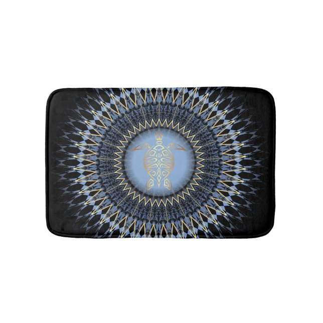 Black Blue Gold Mandala Turtle Bathroom Mat (Front)