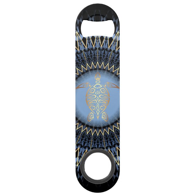 Black Blue Gold Mandala Turtle Coastal Bar Key (Front)