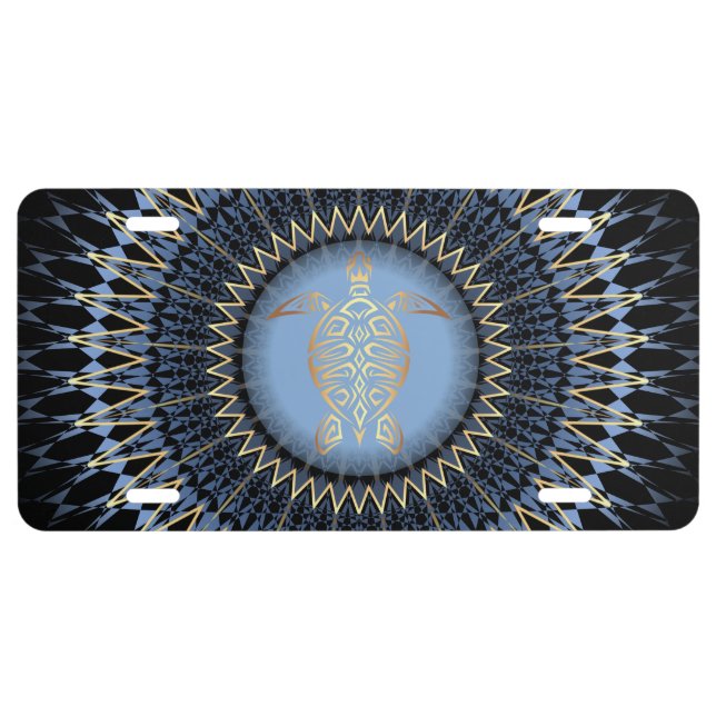 Black Blue Gold Mandala Turtle Coastal License Plate (Front)