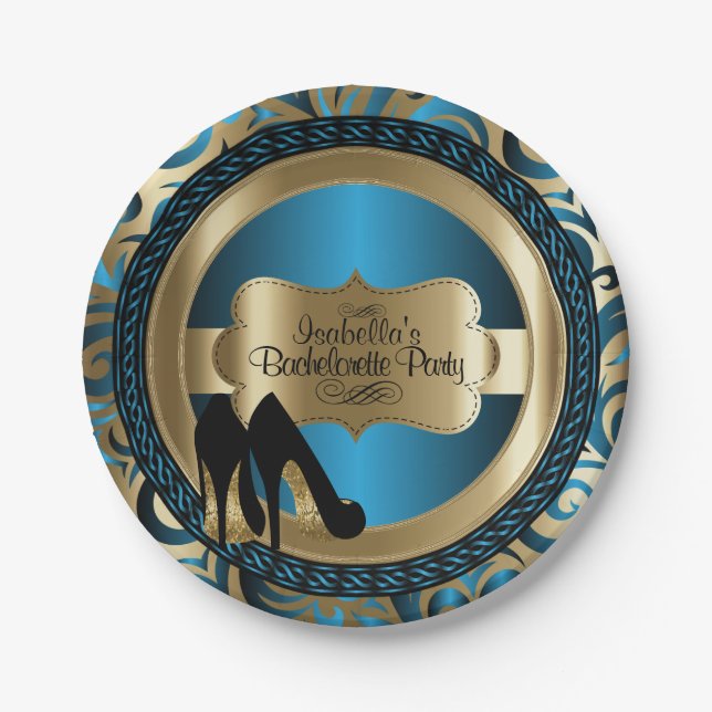 Black, Blue & Gold Metallic - Bachelorette Party Paper Plates (Front)