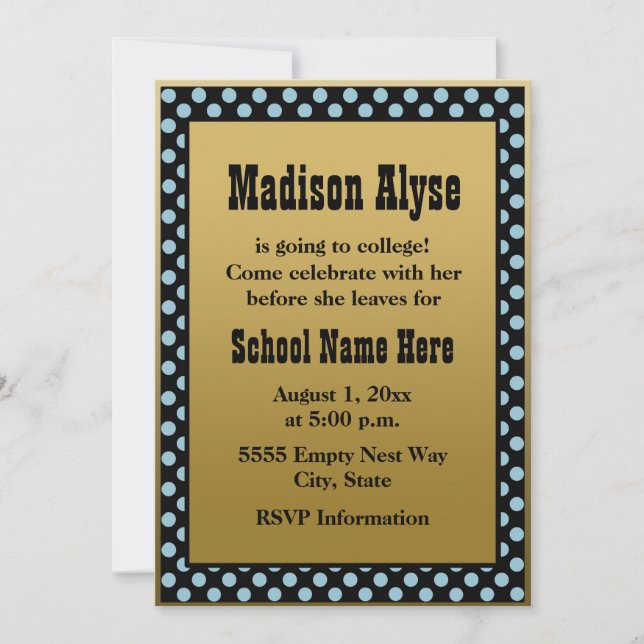 Black Blue Gold Polka Dot "Off To College" Invite (Front)