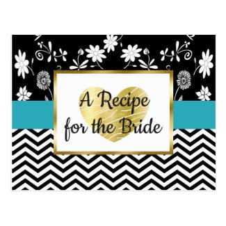 Black, Blue Gold Stripe Floral Wedding Recipe Card