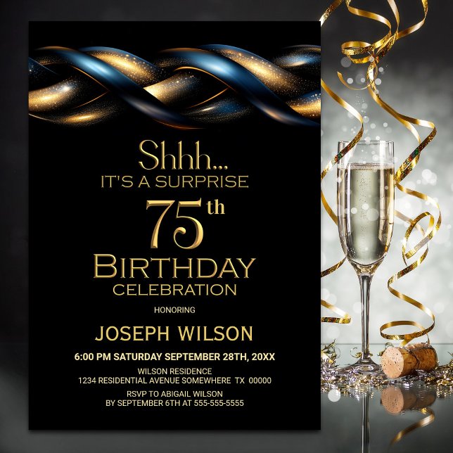 Black Blue Gold Surprise 75th Birthday Party Invitation (Creator Uploaded)