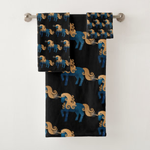 BLACK BLUE GOLD UNICORN BATHROOM TOWEL 