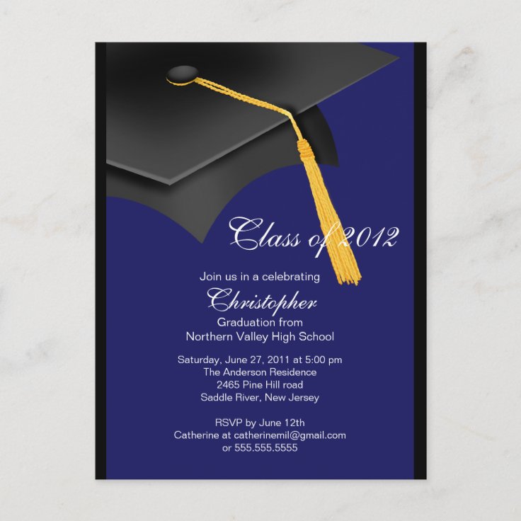 Black Blue Grad Cap Graduation Party Invitation | Zazzle