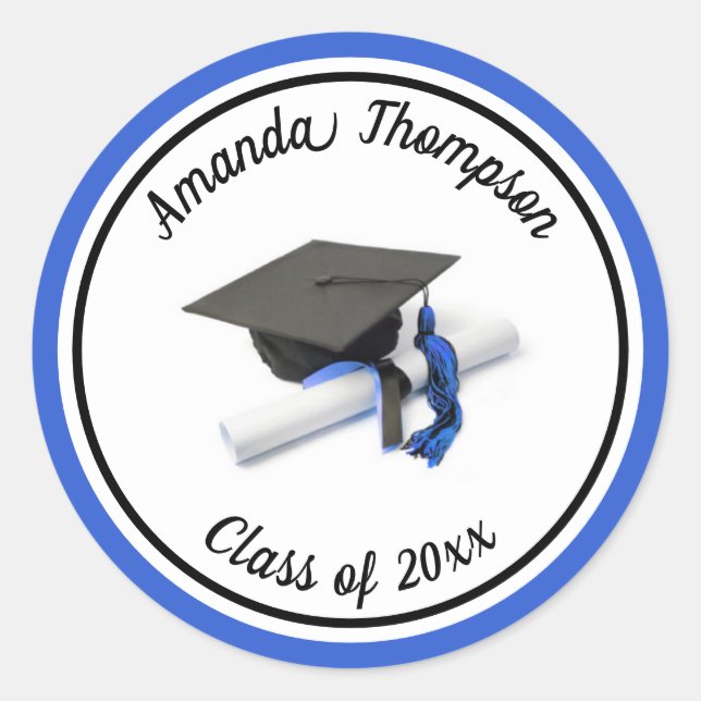 Black Blue Graduation Cap and Tassel Classic Round Sticker (Front)