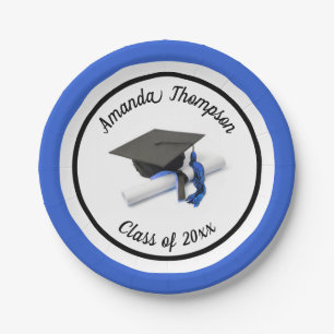 Black Blue Graduation Cap and Tassel Custom Paper Plates