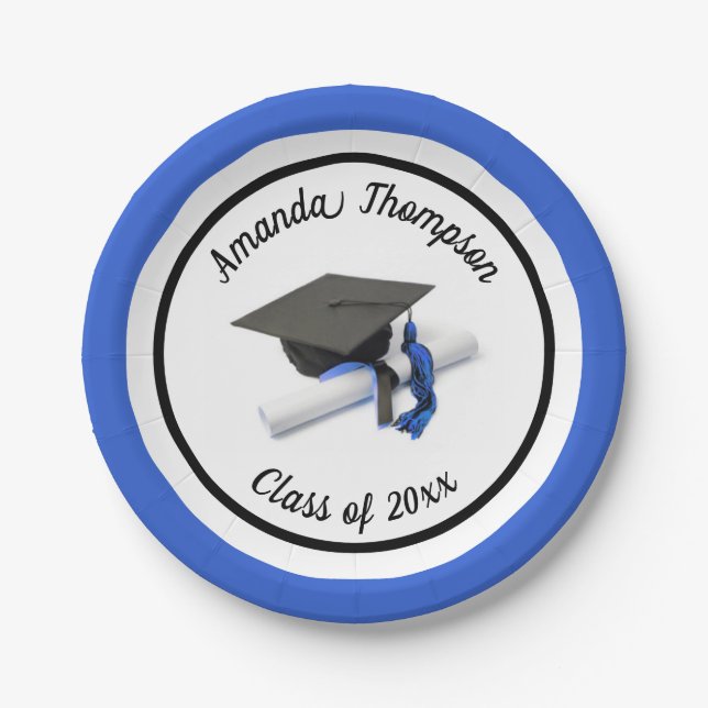 Black Blue Graduation Cap and Tassel | Custom Paper Plates (Front)