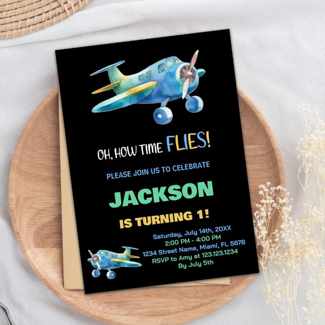 Black Blue Green Airplane Birthday Invitations (Black Blue Green Airplane Birthday Invitations)