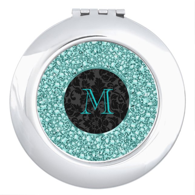 Black & Blue-Green Diamonds Glitter-Monogram Mirror For Makeup (Front)