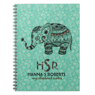 Black & Blue-Green Retro Floral & Elephant Notebook