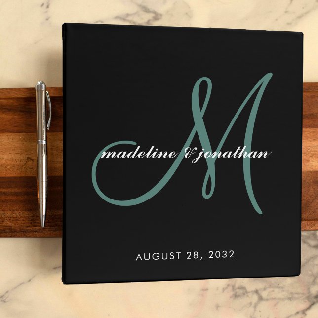 Black Blue Green Script Monogram Wedding Album 3 Ring Binder (Creator Uploaded)