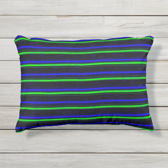 Black Blue Green Stripes Outdoor Pillow (Front)