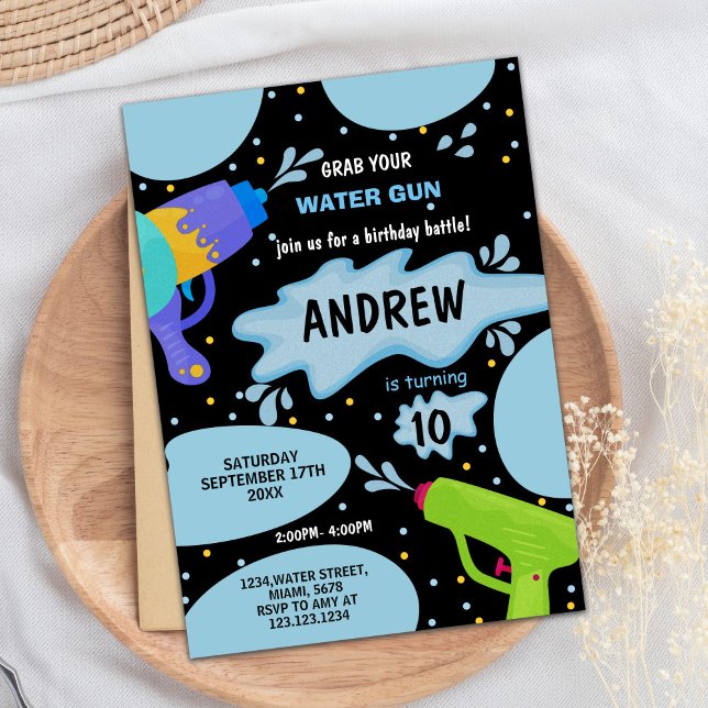 Black Blue Green Water Gun Birthday Invitations (Black Blue Green Water Gun Birthday Invitations)