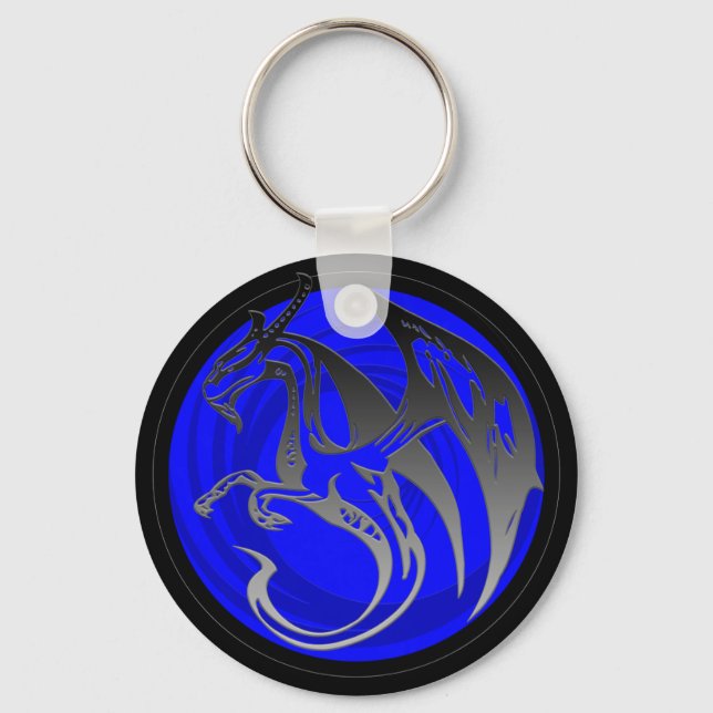 Black blue grunge wing dragon round keychain (Front)