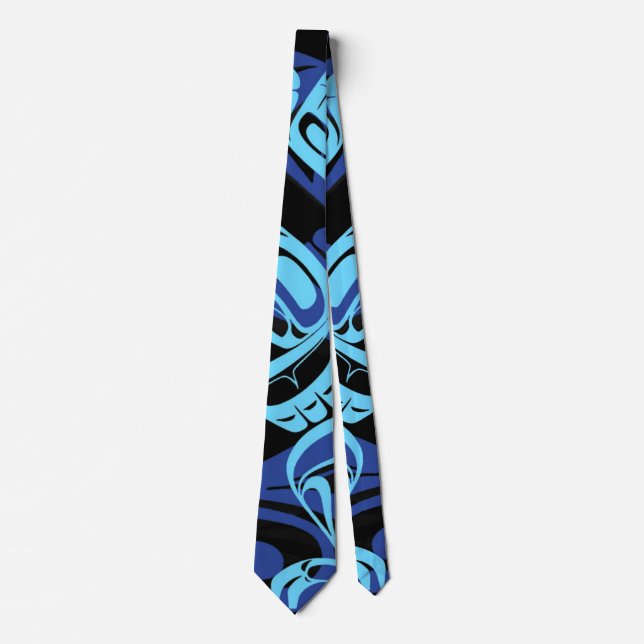 Black Blue Haida Eagle Thunder Bird Native Art Neck Tie (Front)