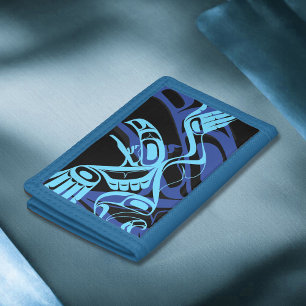 Black Blue Haida Eagle Thunder Bird Native Art Tri-fold Wallet