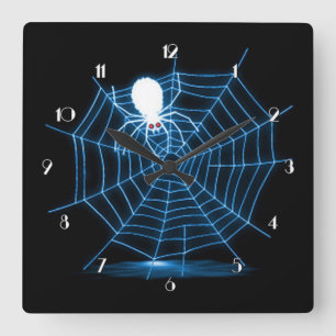 Black & Blue Halloween Spider Web Square Wall Clock
