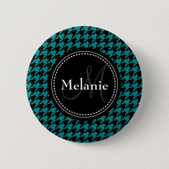 Black Blue Houndstooth Monogrammed Pattern Pinback Button (Front)